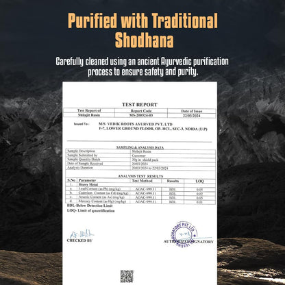 Test report with Ayurvedic purification process details on a dark background