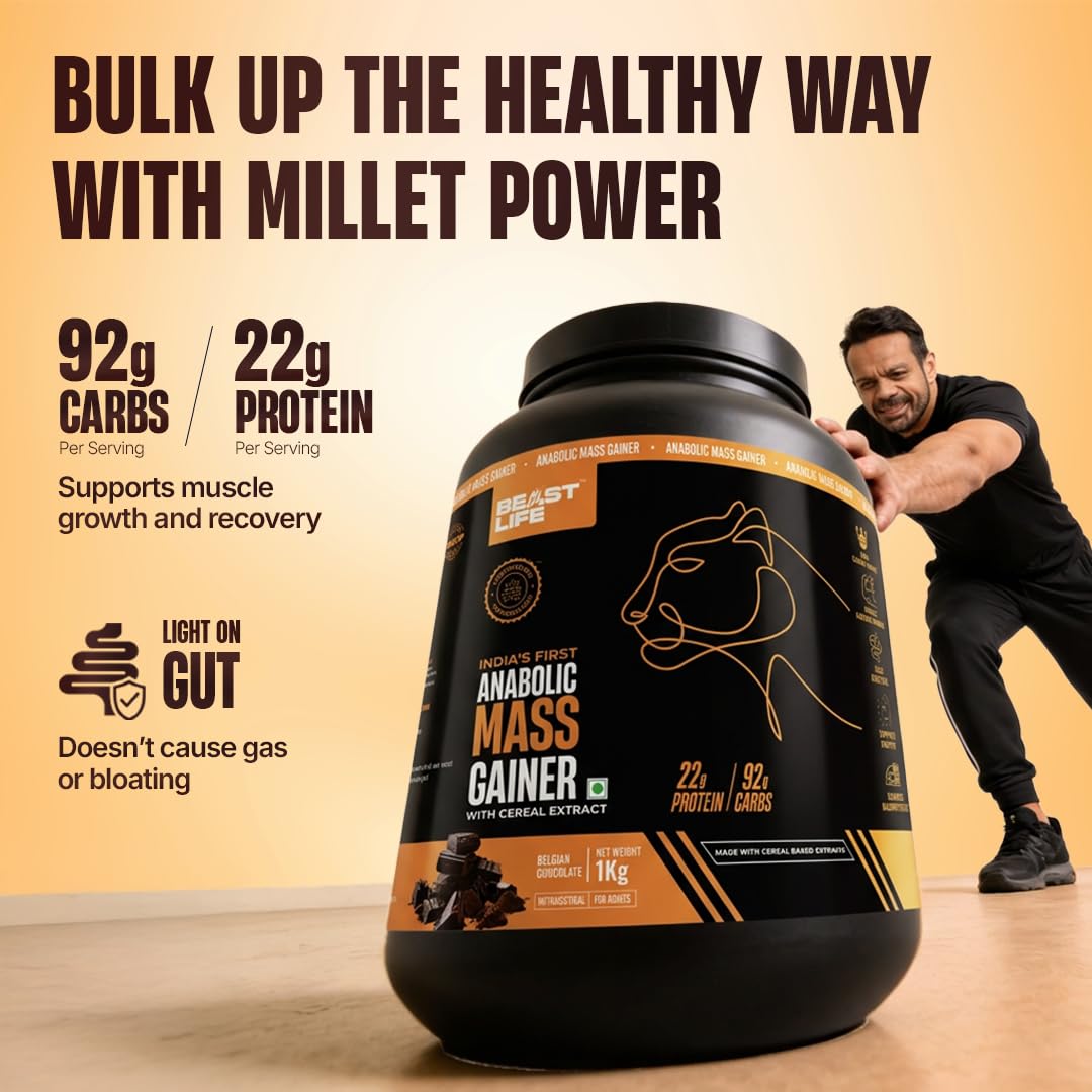 BeastLife High Protein Mass/Weight Gainer | 1 KG | Belgian Chocolate | NABL LAB Tested | For Muscle Gain & Fast Growth | Cereal-Based Formula, No Maltodextrin | India's #1 Cereal Based Bulk Gainer