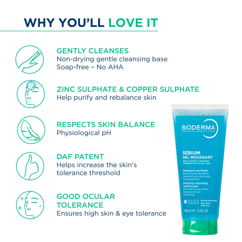 Bioderma cleansing gel with features listed on a white background