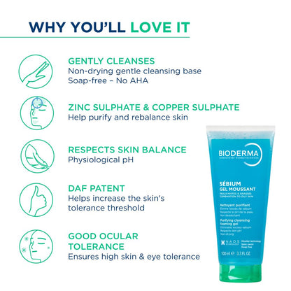 Bioderma cleansing gel with features listed on a white background