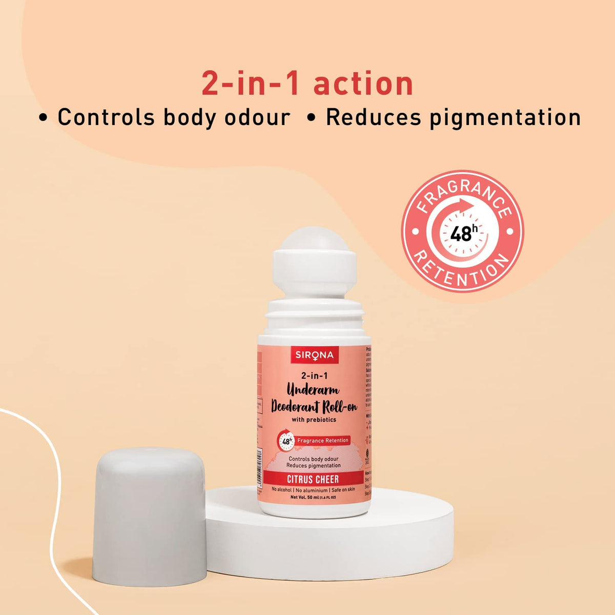 Sirona 2-in-1 underarm deodorant roll-on with fragrance retention feature on a beige background