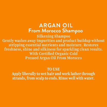 Text description of Argan Oil Shampoo on an orange background