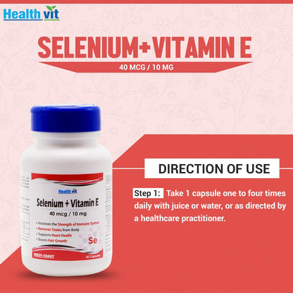 Health vit Selenium + Vitamin E supplement bottle with directions on a red and pink background