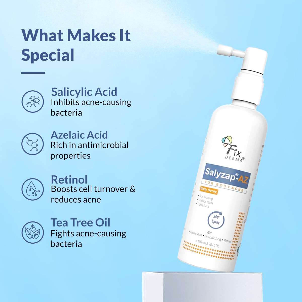 Fixderma Salyzap-Az 2% Salicylic Acid + 2% Azelaic Acid Body Acne Treatment Unscented Spray For Acne On Body Parts Like Back, Upper Arms | Paraben Free | Unclog Pores - 100ml