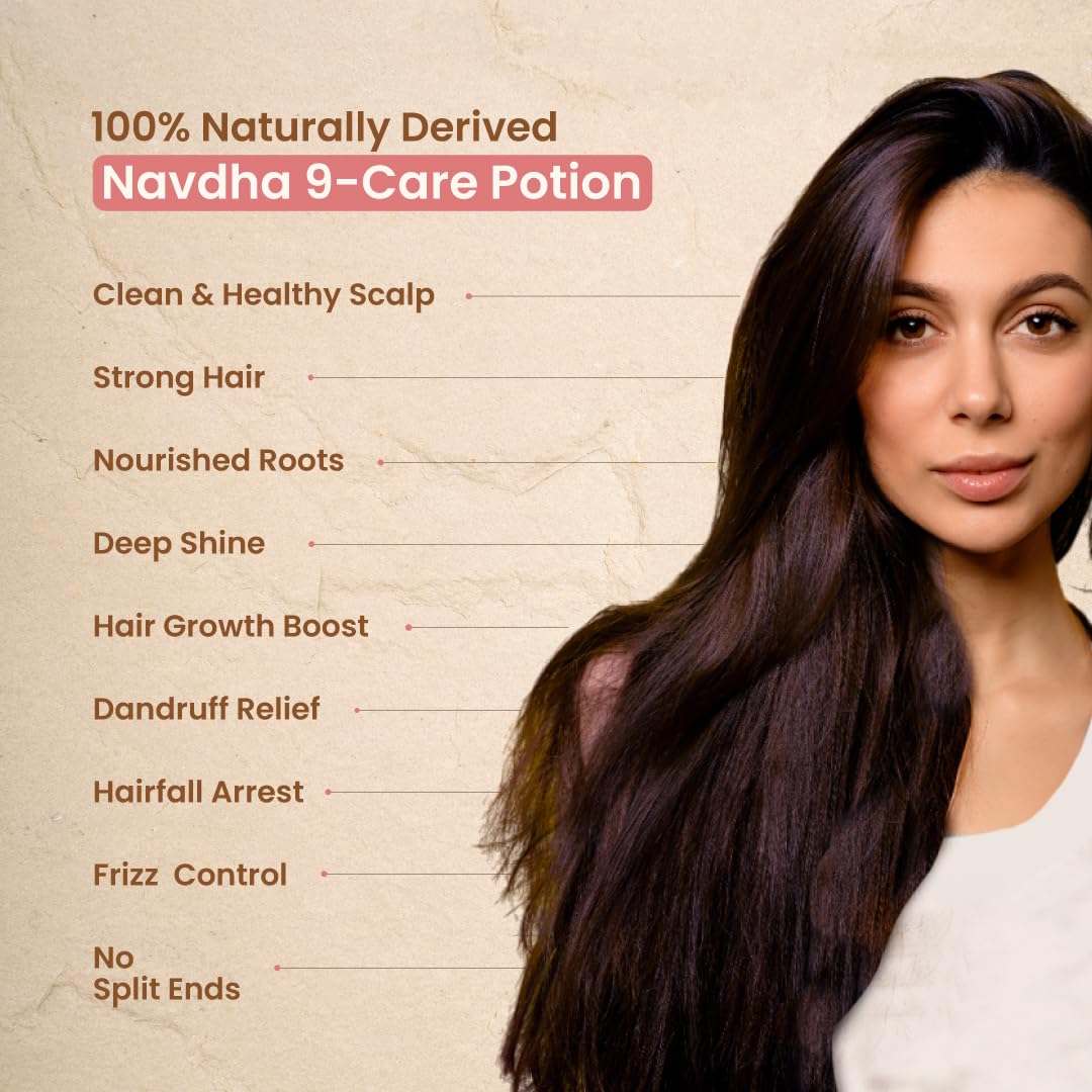 Woman with long, healthy hair next to text listing benefits of Navdha 9-Care Potion.