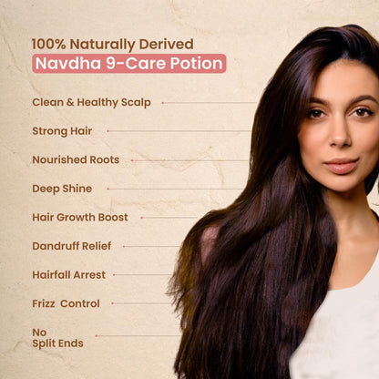 Woman with long, healthy hair next to text listing benefits of Navdha 9-Care Potion.