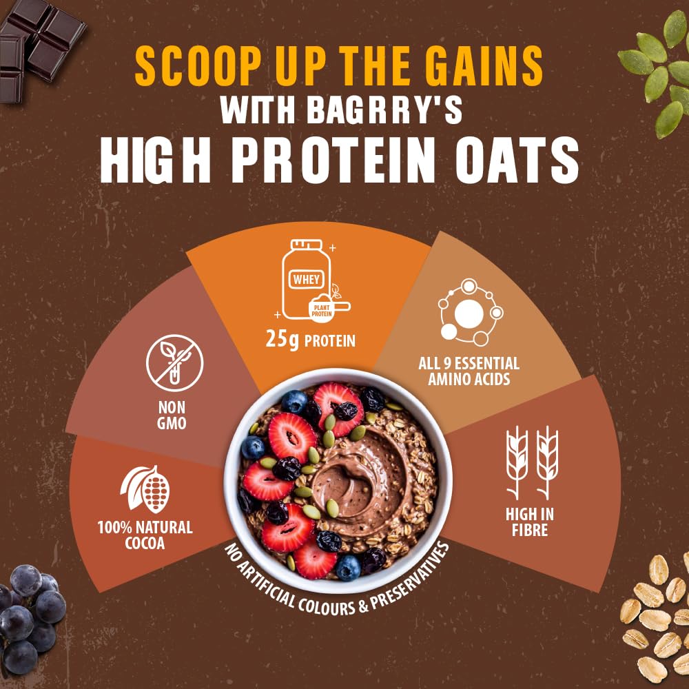 Bagrry’s 25g Protein Oats 750g | Dark Chocolate, Raisins & Pumpkin Seeds | Whey Protein & Plant Protein Blend | High Fibre Breakfast | Rolled Oats | No Refined Sugar | No Added Preservatives