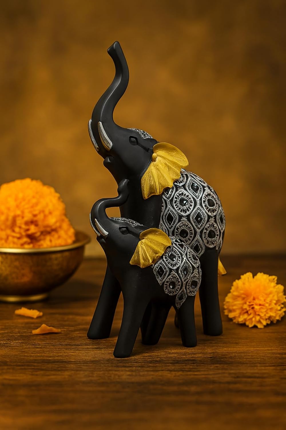 Black Elephant Figurines Showpiece with Silver Carving & Golden Ears | Decorative Resin Elephant Statue on Wooden Base | Good Luck Home Décor Gift for Living Room | Office & Festivals