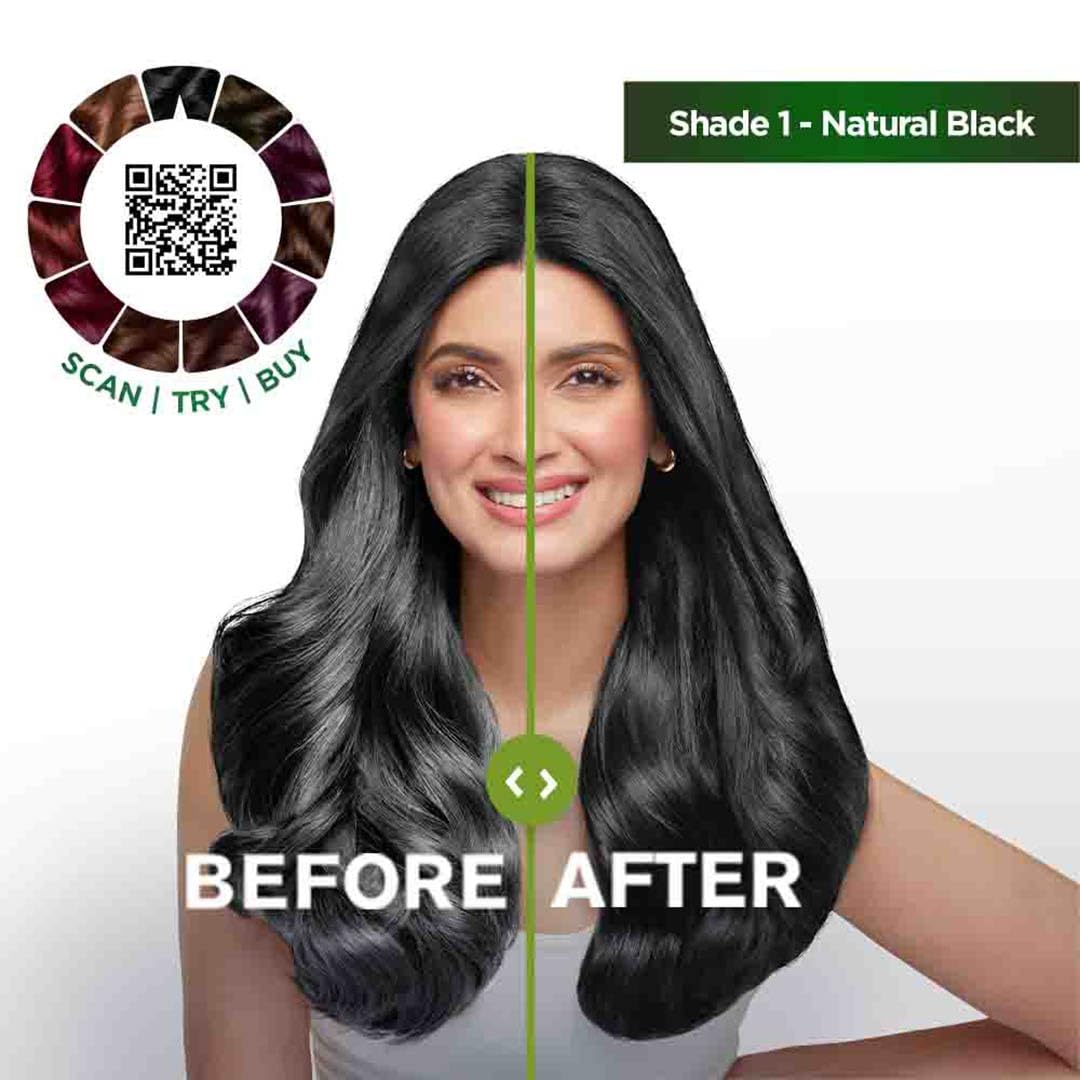 Woman with 'Before' and 'After' hair color comparison showing natural black hair.