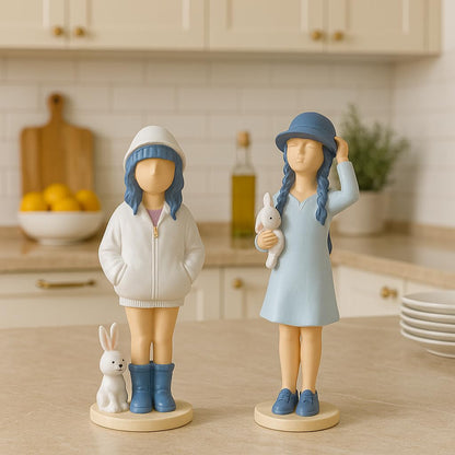 Cute Girls Statue for Home Decor | Table Decor (Pack of 2, White & Blue)