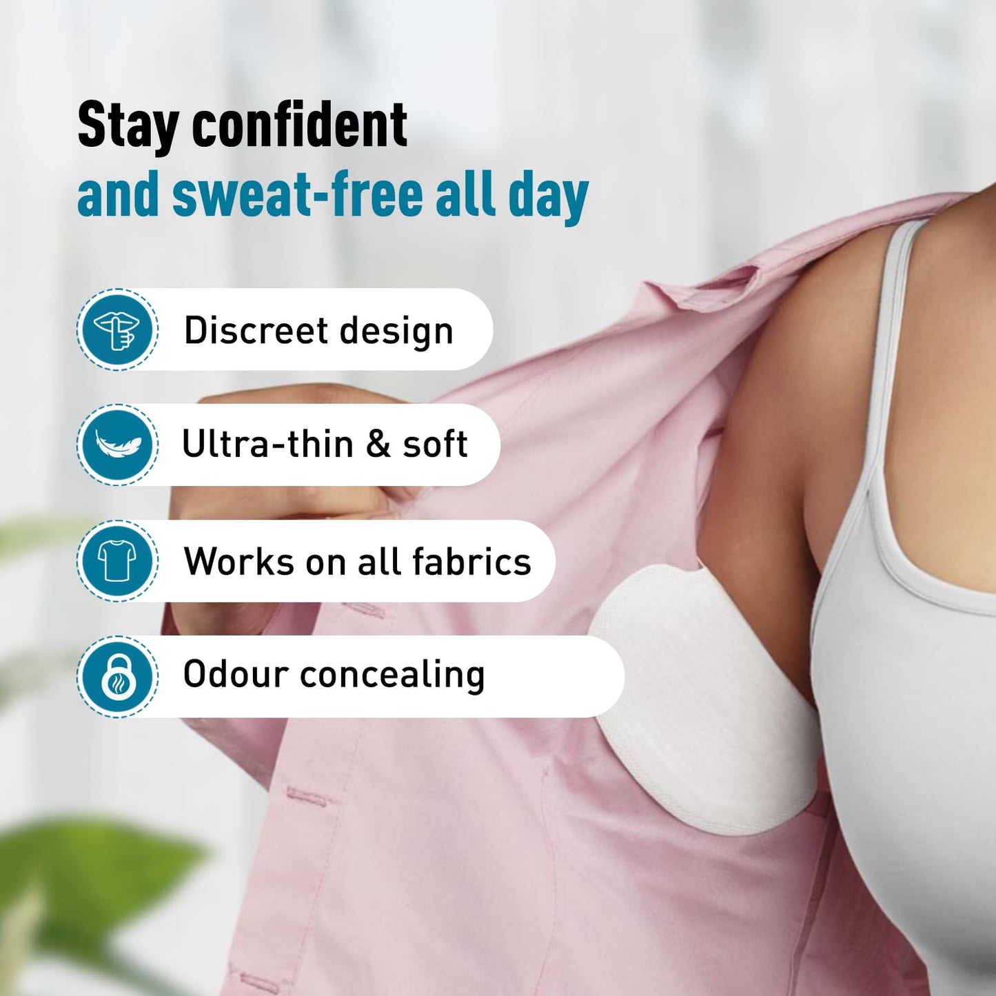 Product advertisement with text highlighting features like discreet design, ultra-thin & soft, works on all fabrics, and odor concealing.