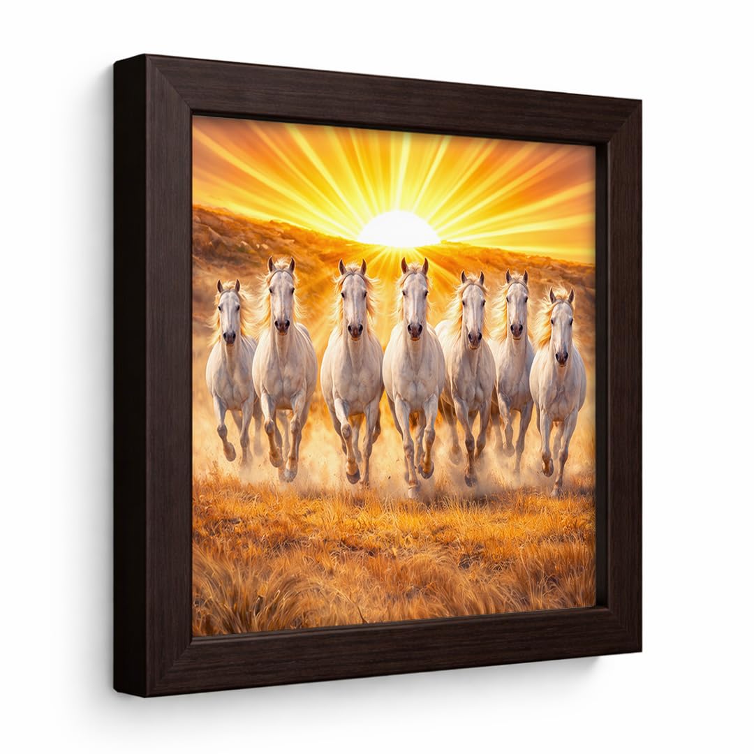 Seven White Horses Rising Sunrise Vastu Success Prosperity Energy Spiritual Running Framed Poster Decor Painting