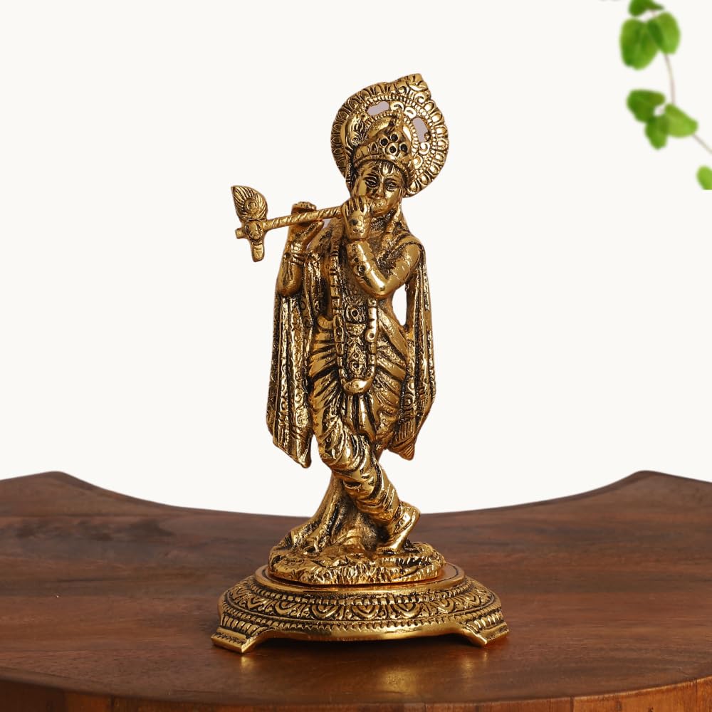 Gold Plated Lord Krishna Playing Flute Idol – Standing Pose Showpiece for Pooja, Mandir & Home Décor
