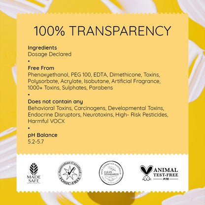 Product label with 100% transparency details on a yellow background