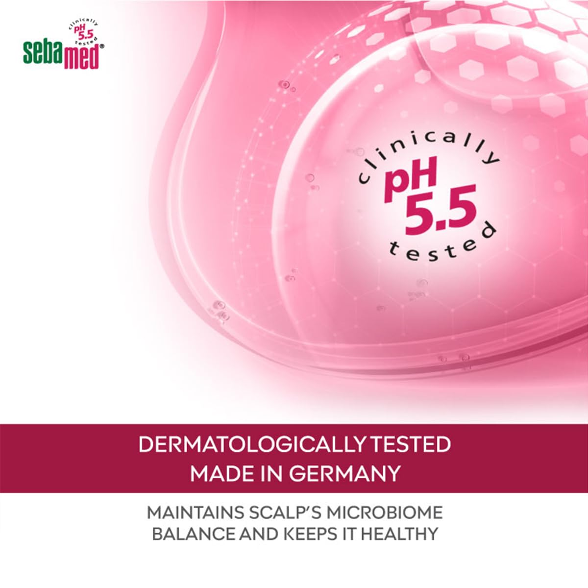 Pink product container with Sebamed logo and pH 5.5 text on a white background