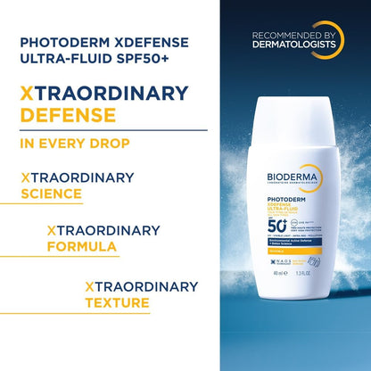 Bioderma Photoderm XDefense Ultra-Fluid SPF50+ bottle with promotional text on a blue and white background