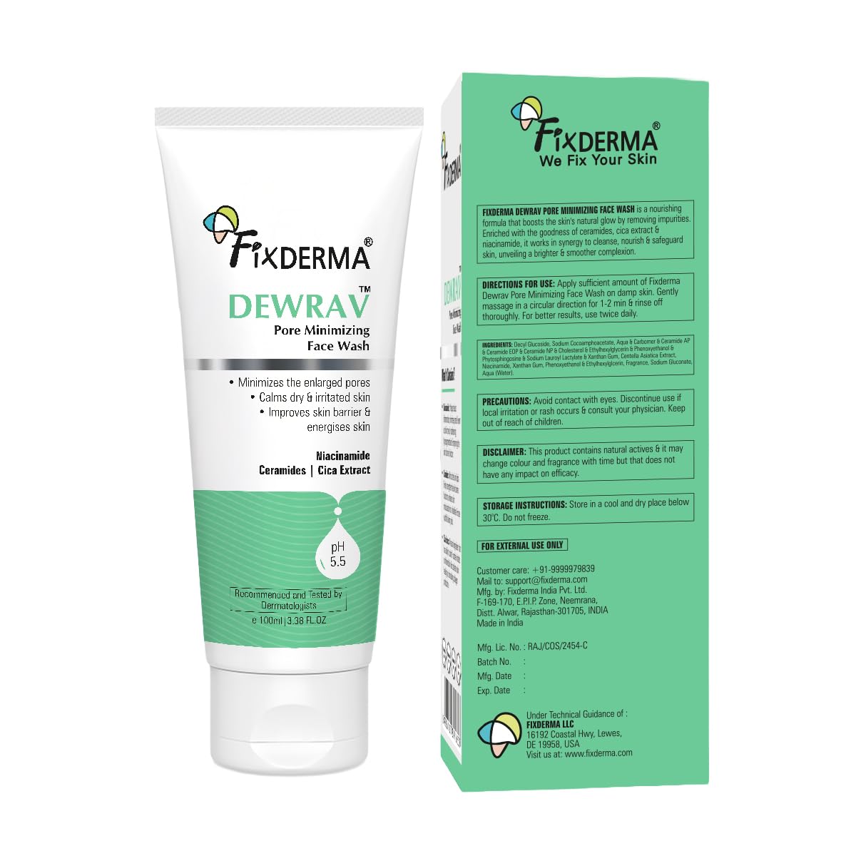 Fixderma Dewrav 2% Niacinamide Pore Minimizing Face Wash with Ceramides & Cica Extract | Face Wash for Open Pores Tightening | Strengthens Skin Barrier & Brightens Skin | For Men & Women- 100ml