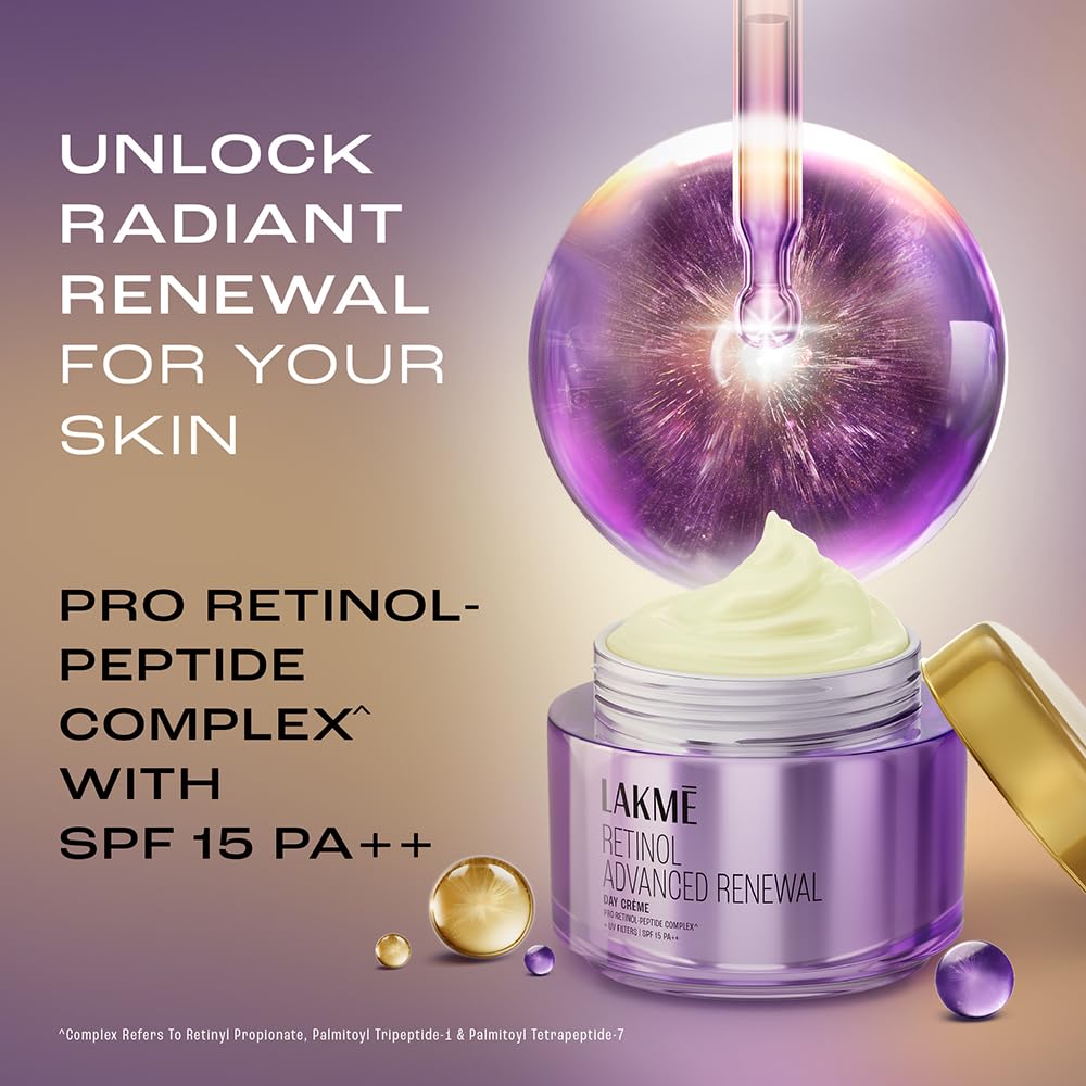 Lakme Retinol Advanced Renewal cream jar with purple dropper and text on a gradient background