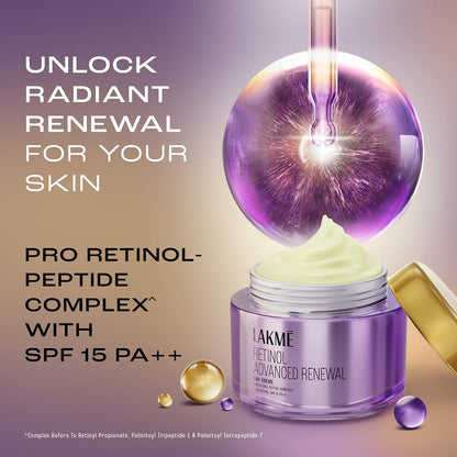 Lakme Retinol Advanced Renewal cream jar with purple dropper and text on a gradient background