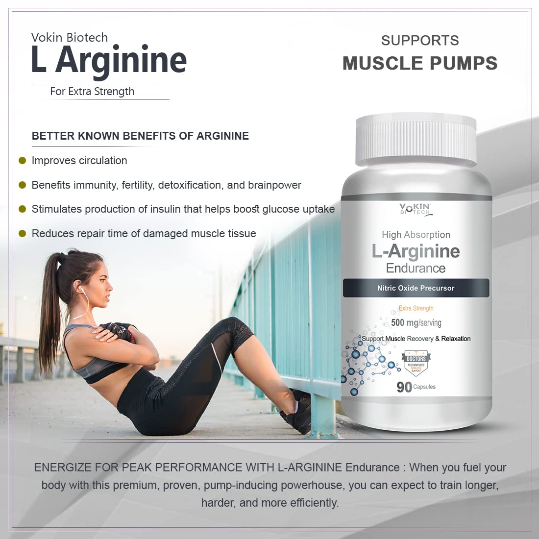 Vokin Biotech L Arginine supplement bottle with a woman exercising outdoors.
