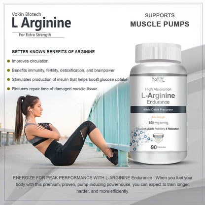 Vokin Biotech L Arginine supplement bottle with a woman exercising outdoors.