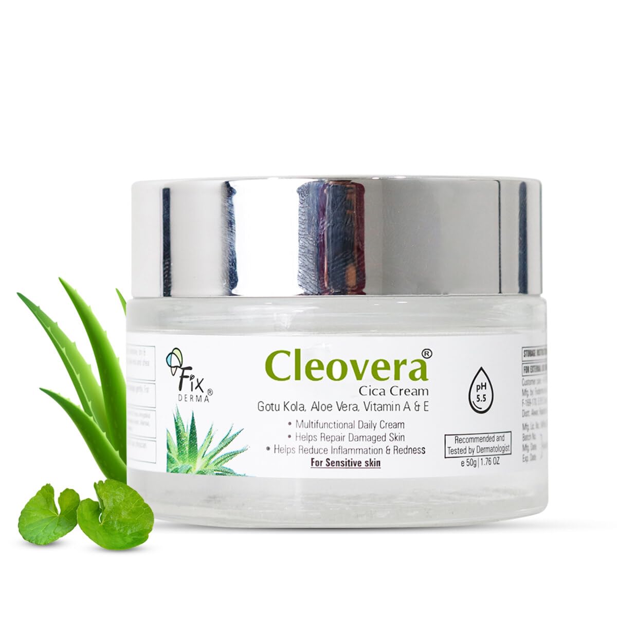 Fixderma Cleovera Cica Cream for Face with Gotu Kola, Aloevera, Vitamin A & E | Damage Skin Repair Face Cream | Suitable for Sensitive, Dry & Damaged Skin - 50g