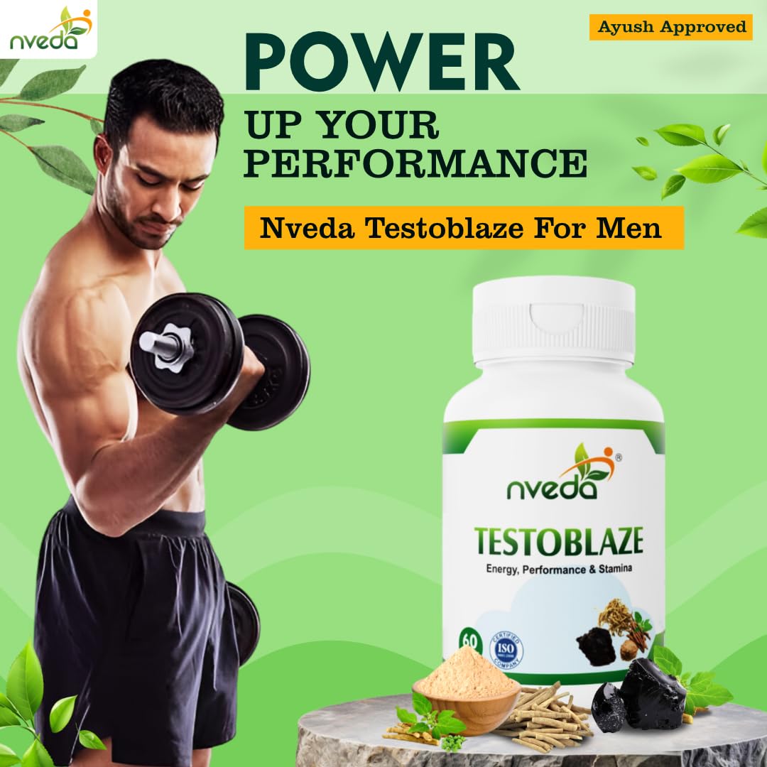 Nveda Testoblaze Supplement For Men, Testo Power for Muscle Growth, Strength, Energy & Performance with Shilajit, Ashwagandha, Safed Musli, Tribulus- 60 Veg Capsules