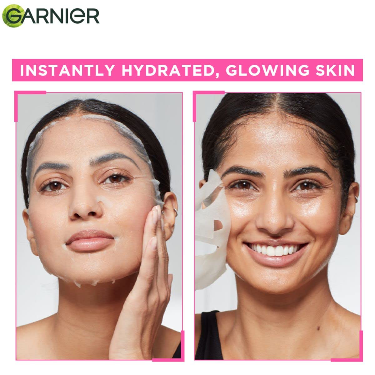 Garnier skincare product advertisement showing a woman with hydrated, glowing skin.