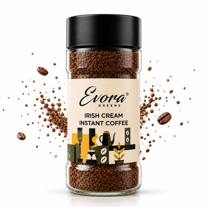 EVORA Greens 100gm Instant Coffee Powder | Irish Cream Flavour | Coffee with Arabica & Robusta Blend - Medium Roast | Make Café Style Hot or Cold Coffee, black Coffee, Cappuccino, Latte at Home | Make 50 Cups