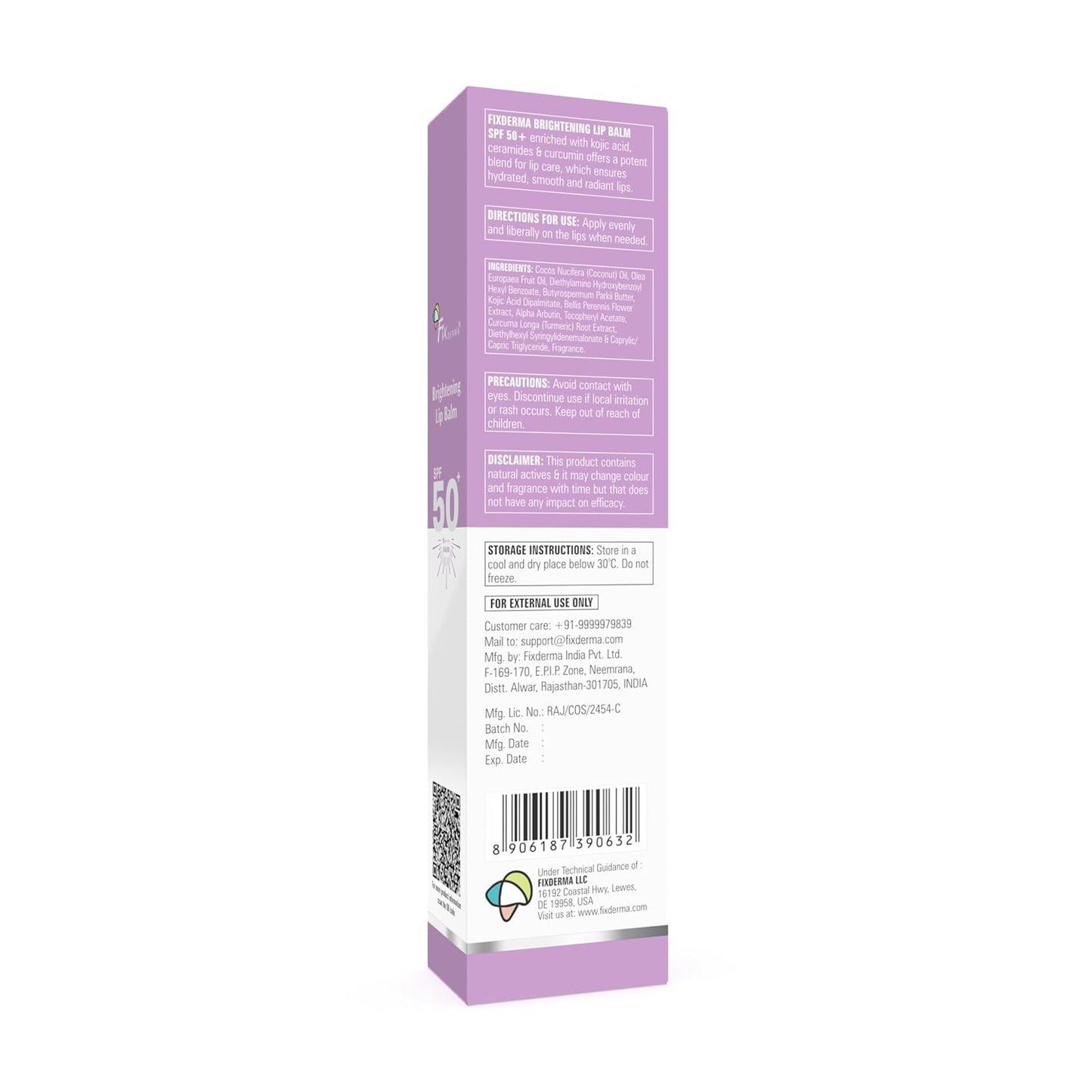 Fixderma Brightening Lip Balm With SPF 50 PA+++ for Pigmented & Dry Lips | 4% Kojic Acid, 2% Alpha Arbutin | Moisturizes, Hydrates & Brightens Pigmented Lips | For Men & Women - 15ml