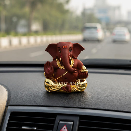 Gold Art India Ceramic Appu Ganesha Idol 5X4X3 Cm Gold And Brown Ganesh Idol For Car Dashboard Ganesha Murti Ganpati Idol For Home Decor Puja Lord Ganesh Statue Gift For Office Desk Puja Room Figurine