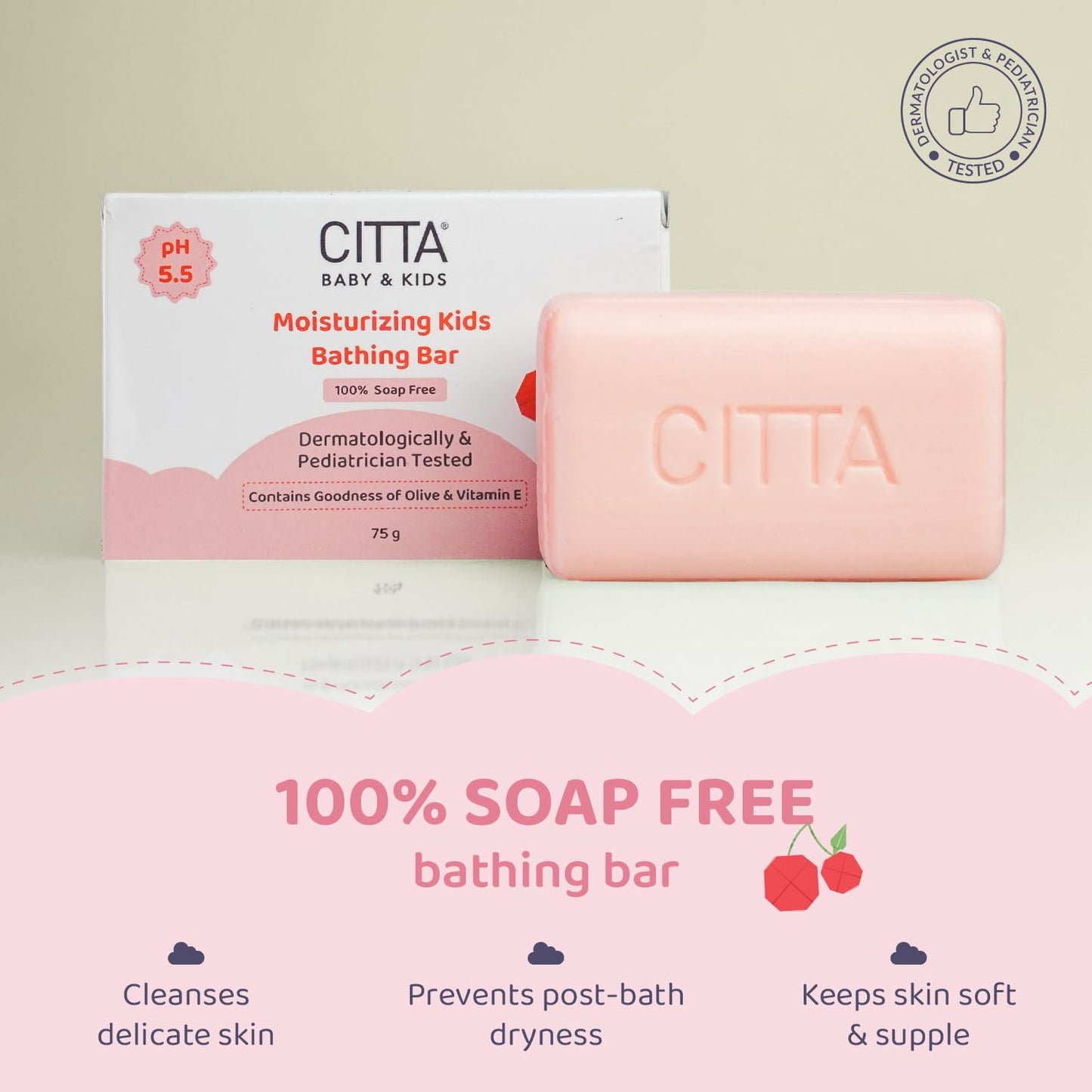 CITTA Bathing Bar for Babies & Kids | Soap-Free, No Tears | Dermatologist Approved pH Balanced Wash for Sensitive Skin | Olive Oil & Vitamin E for Soft & Glowing Skin | 75g |