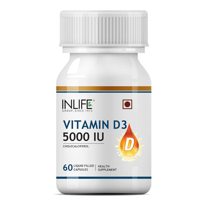 INLIFE Vitamin D3 5000 IU Cholecalciferol with Extra virgin Coconut Oil Supplement for Better Absorption| For both Men & Women| supports Immunity, Bones & Muscle health| Pack of 1-60 Soft gels.