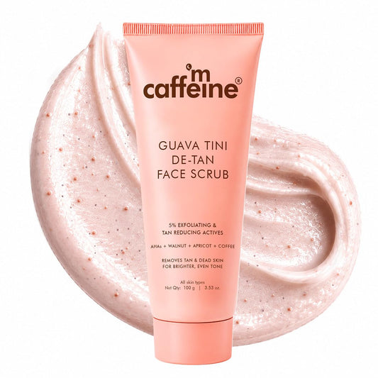 mCaffeine Guava Tini De-Tan Face Scrub | 5% Physical & Natural Exfoliants | De-Tanned, Smoother Skin | Pore Cleansing | Removes Blackheads | AHAs - Glycolic & Lactic Acid | Walnut & Apricot | For Women & Men | Suitable for All Skin Types - 100g