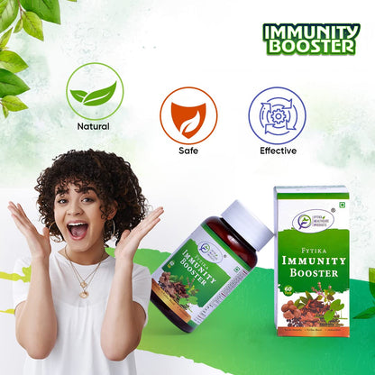 Immunity booster product with a woman excitedly showing it, surrounded by greenery and icons.