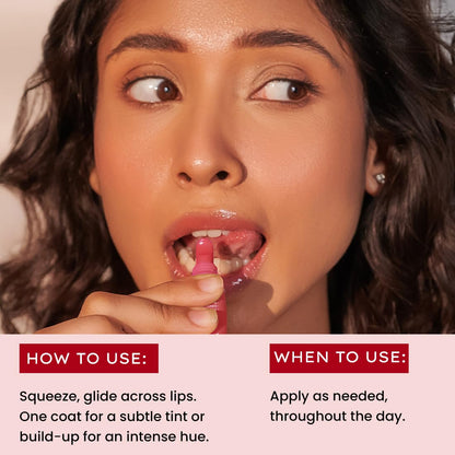 Woman applying pink lip product with text on how to use and when to use it.