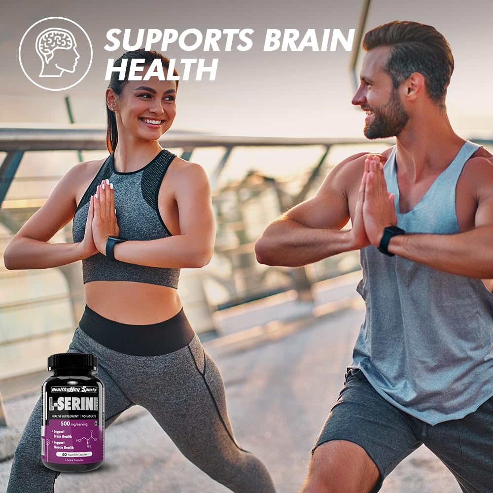 Two people in athletic wear with a bottle of L-Serine supplement, promoting brain health.