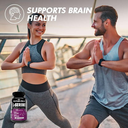 Two people in athletic wear with a bottle of L-Serine supplement, promoting brain health.