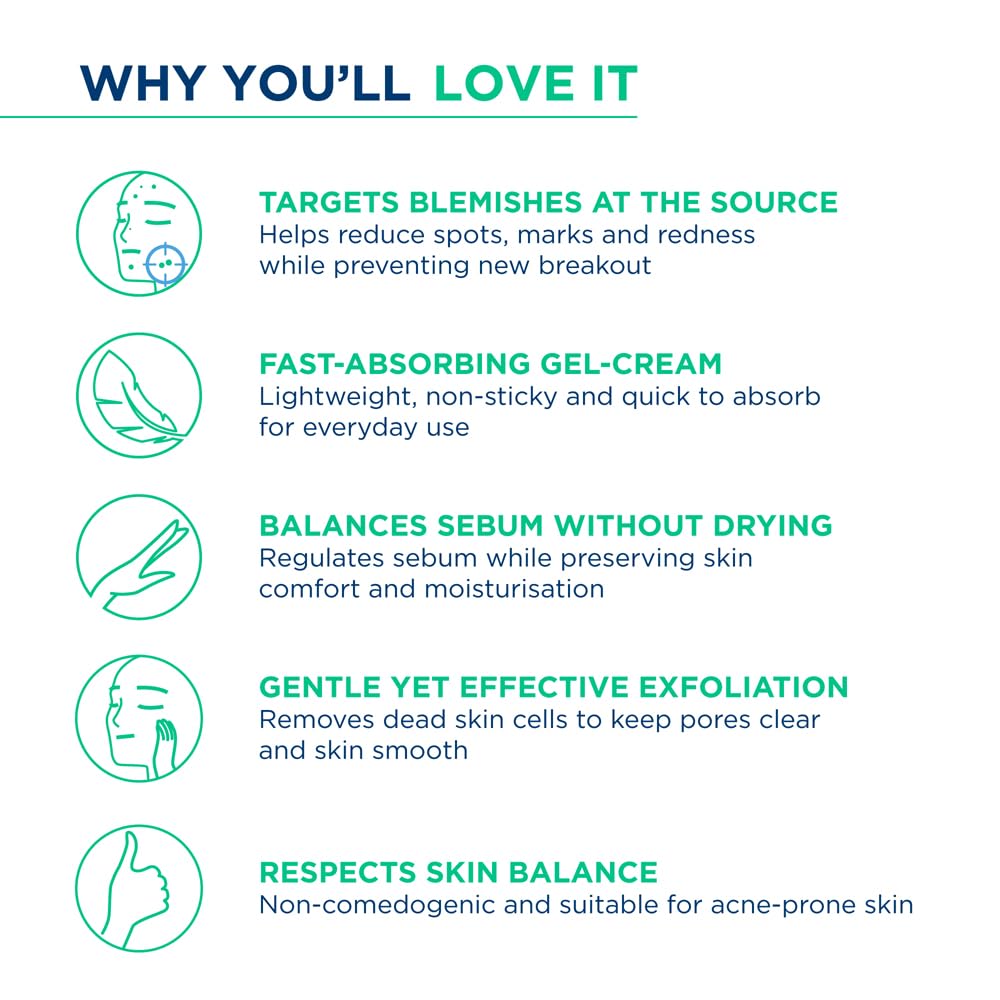 List of benefits of a skincare product with icons and text on a white background