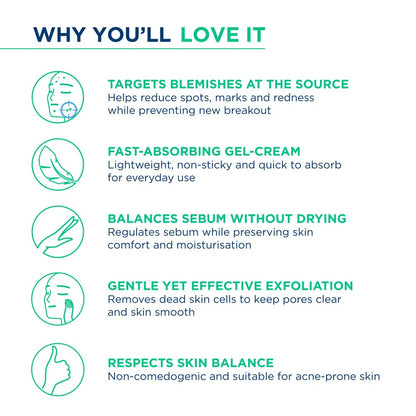 List of benefits of a skincare product with icons and text on a white background