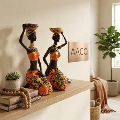 Vibrant Beautiful Finish Uniquely Hand Crafted Home Decor African Tribal Women Art Piece (Sitting African Lady Set of 2)