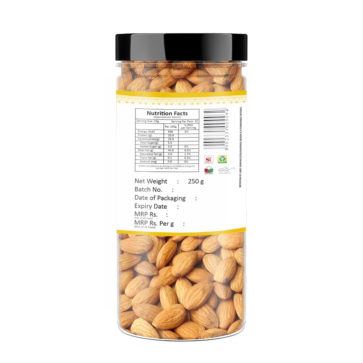 YUM YUM Pure California Almonds/Badam Whole, 250g, Real Nuts, High in Fiber, Badam Giri, Rich in Protein, Magnesium, Phosphorus and Dietary Fibre, Nuts & Dry Fruits