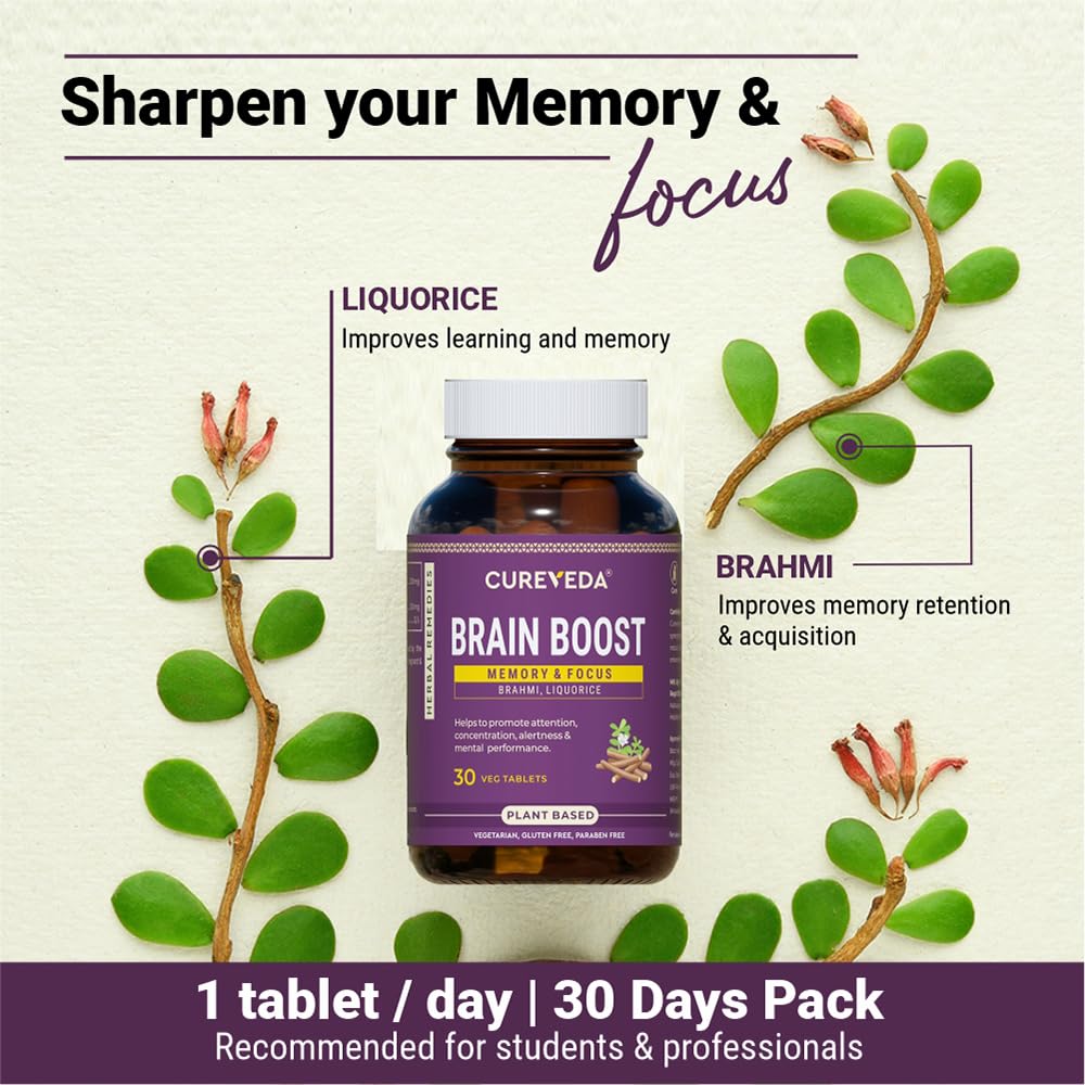 Cureveda Brain Boost supplement bottle with green leaves on a light background
