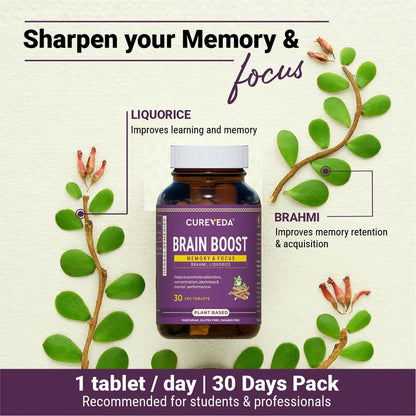 Cureveda Brain Boost supplement bottle with green leaves on a light background