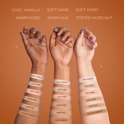 Three hands with color swatches labeled on an orange background