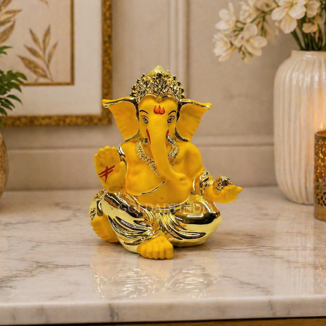 Gold Art India Gold Plated Gaddi Ganesh Idol For Car Dashboard Ganesha Murti Ganpati Idol For Home Decor Puja Lord Ganesh Statue Gift For Office Desk Puja Room Figurine