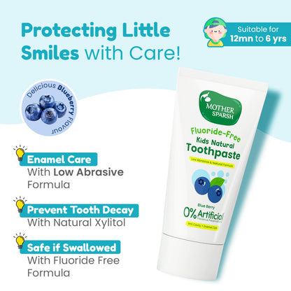 Mother Sparsh Toothpaste for Kids-50g, Blueberry (With Free Toothbrush) | Strengthens Gums, Whitens Teeth | Preservative & Fluoride Free Baby Toothpaste | Anti Cavity + Enamel Care