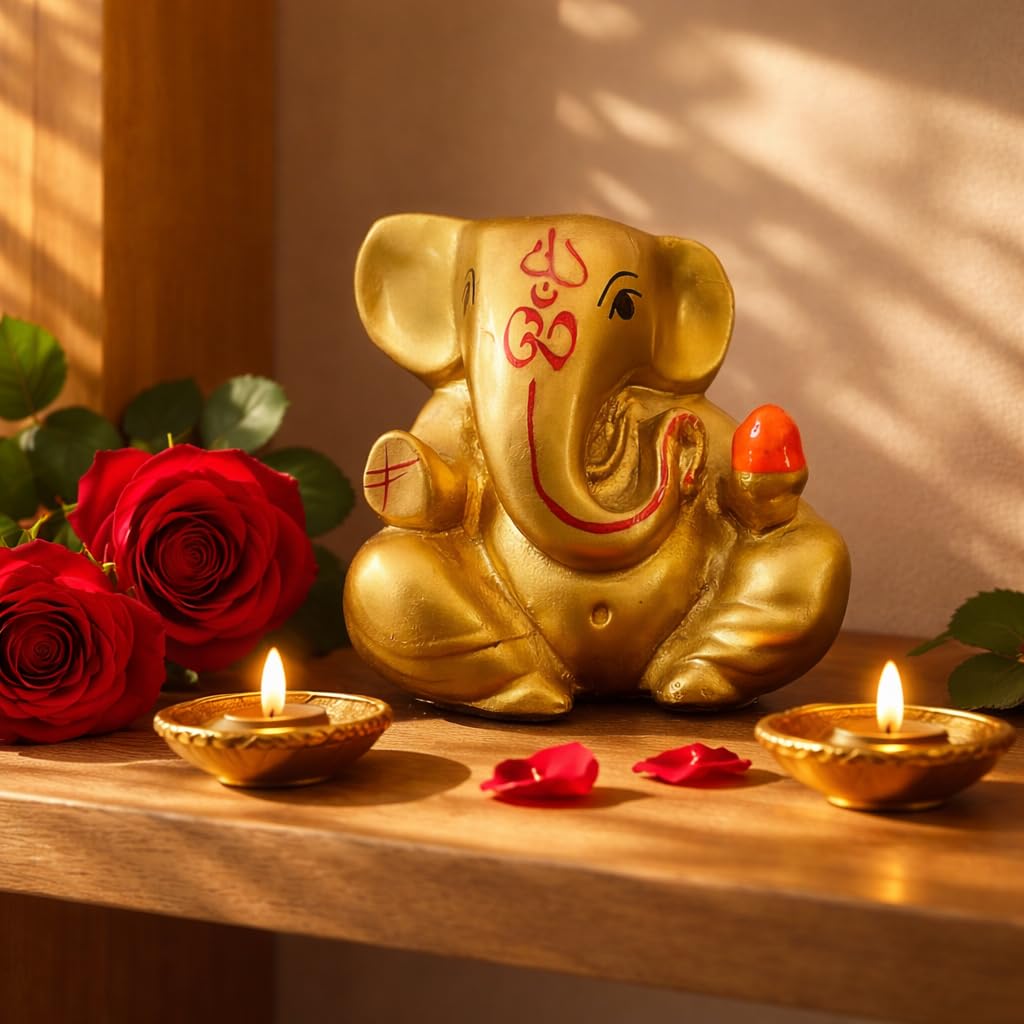 Resin Lord Ganesha Idol Car Dashboard 5x5cm (Golden)