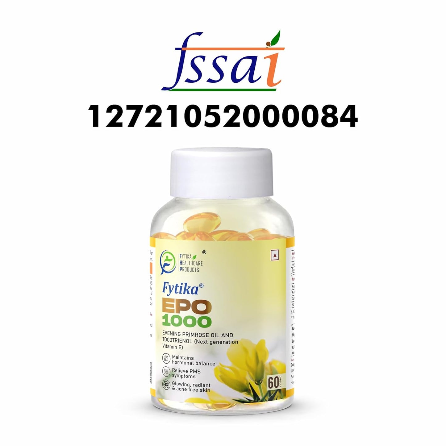 Fytika Epo 1000 Evening Primrose Oil and Tocotrienol Capsules | For Healthy and Acne free Skin | Supports Hormonal Balance in Women | Helpful in PMS & Menopause | Natural Oil Extract 60 Softgels Capsules