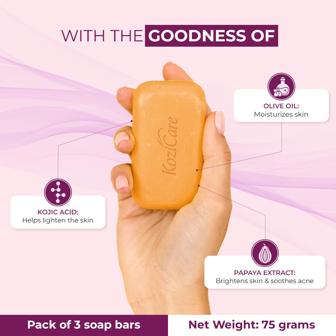 Kozicare Kojic Acid & Glutathione | Papaya | Body Tan Removal | Ghar Ka | Bath Combo Offers | Bathing for Glowing Skin | Helps Exfoliate Dead Skin soaps - Pack of 3